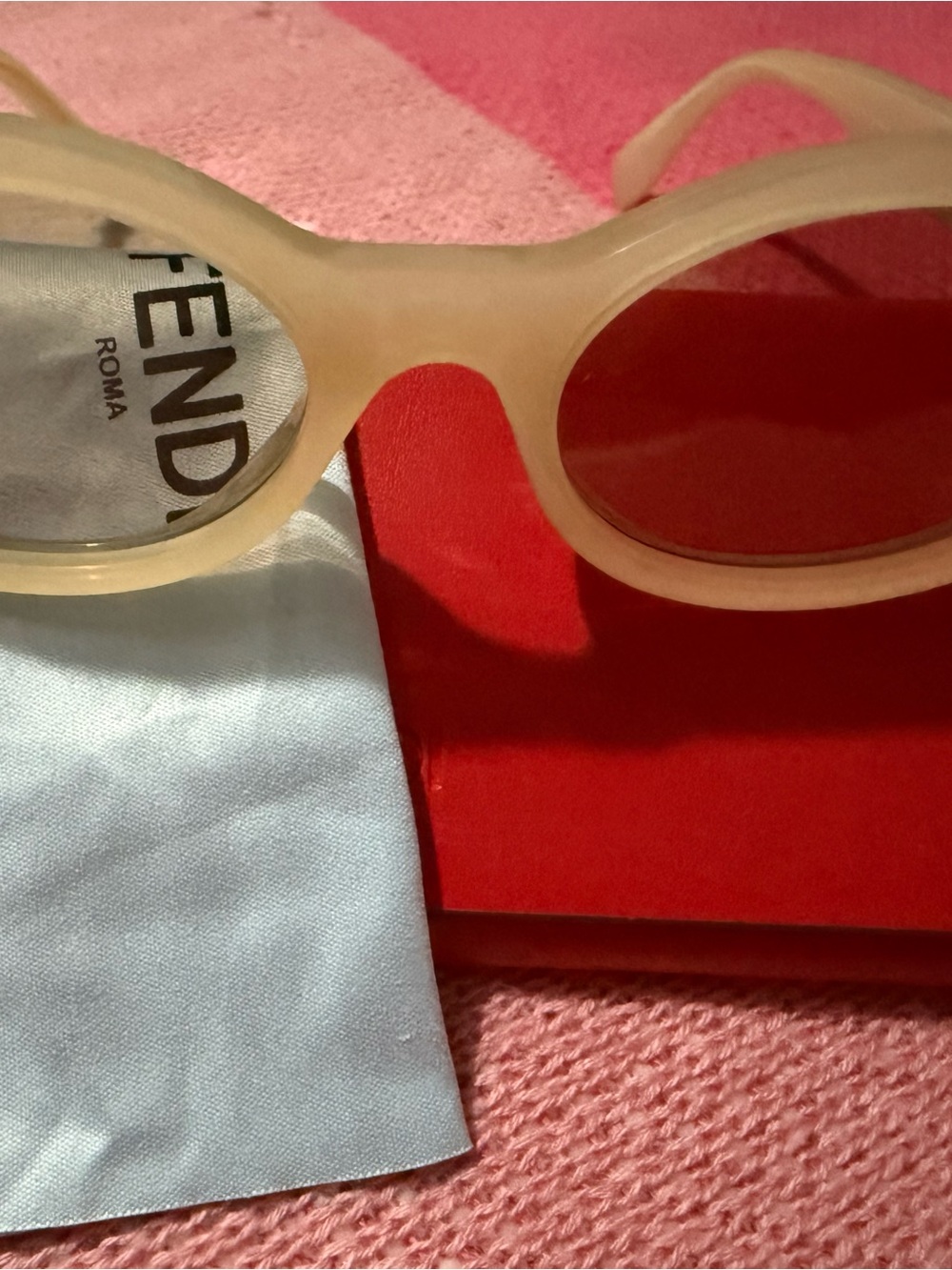 Fendi Red Sunglasses Case with Light Blue Branded Cloth